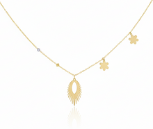 Load image into Gallery viewer, Gold necklace with various pendants on a white background