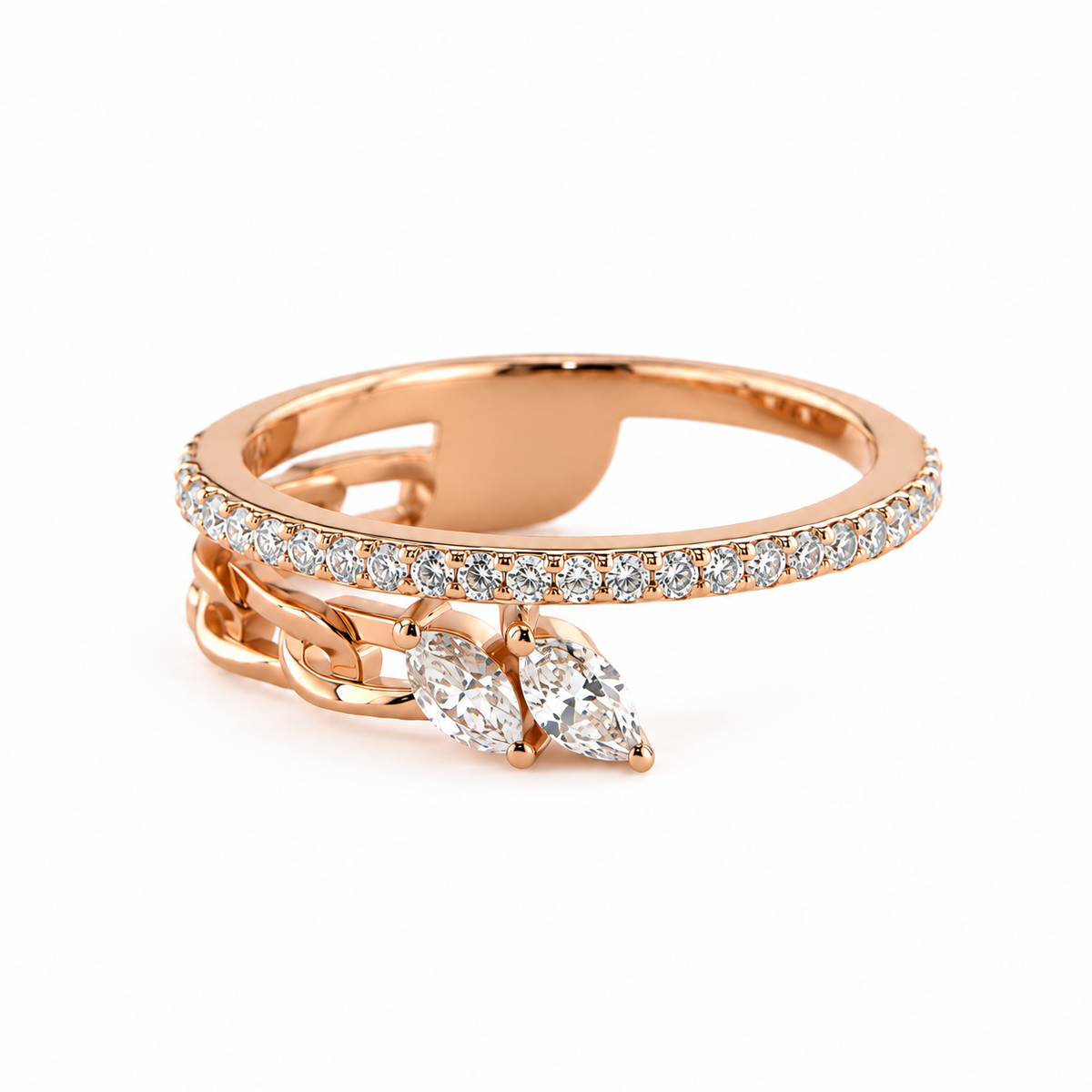 18K Rose Gold Diamond Pavé Ring with Marquise Accents and Chain Detail