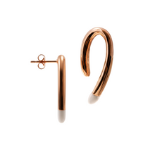Load image into Gallery viewer, Rose gold hoop earrings with white beads on a white background
