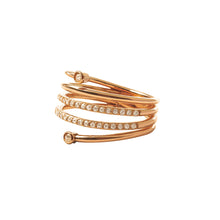 Load image into Gallery viewer, Rose gold wrap-around ring with embedded diamonds on a white background
