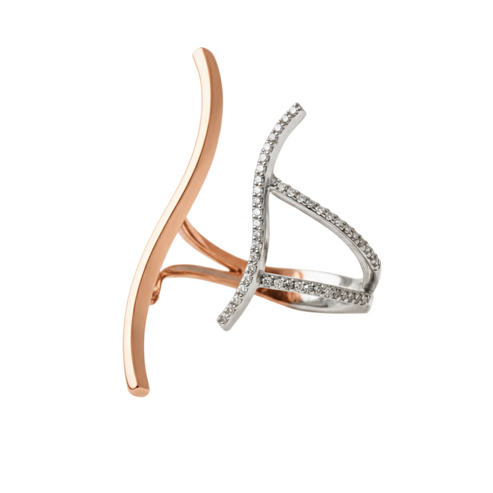 Two rose gold and silver open rings on a white background