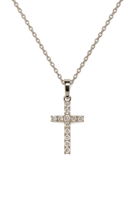 Silver cross pendant necklace on a white background
