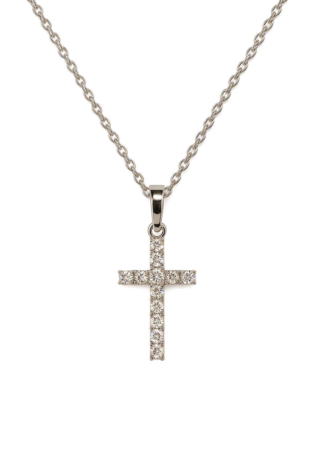 Silver cross pendant necklace on a white background