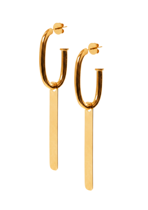 Gold hoop earrings with vertical bars on a white background