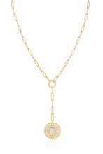 Load image into Gallery viewer, Gold necklace with a circular pendant on a white background
