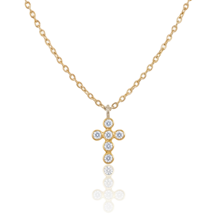 Gold necklace with a cross pendant on a white background
