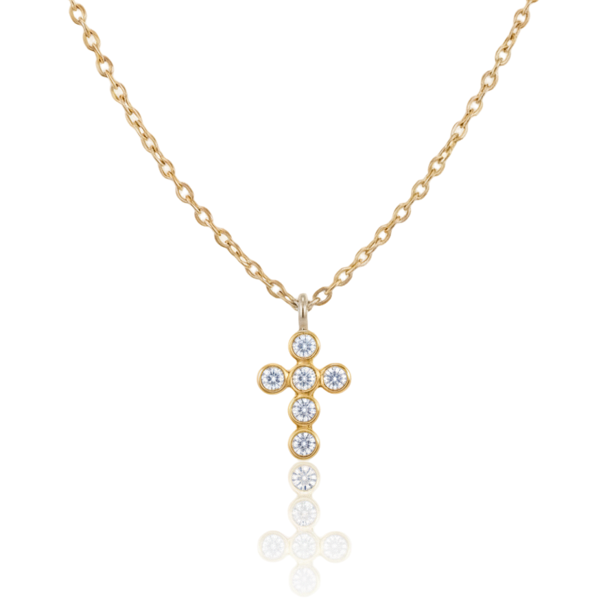 Gold necklace with a cross pendant on a white background