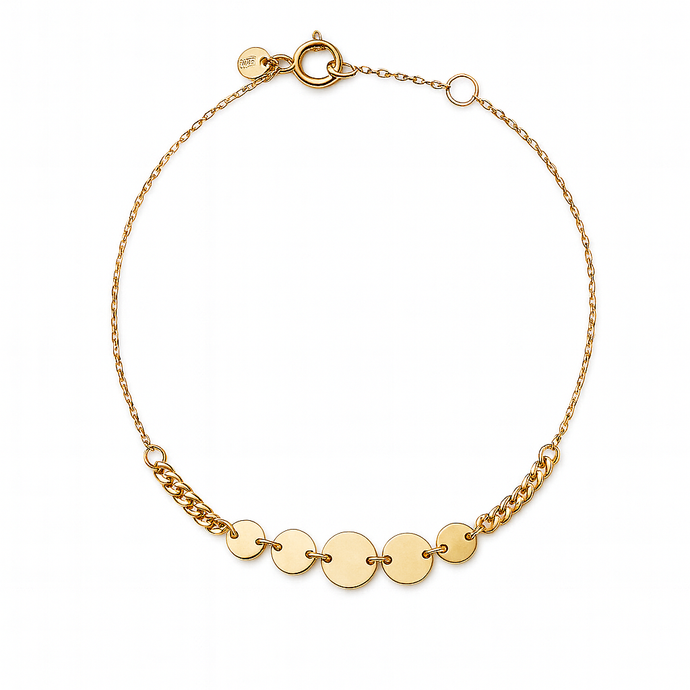 Gold bracelet with circular links on a white background
