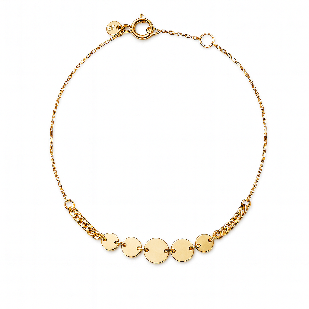 Gold bracelet with circular links on a white background