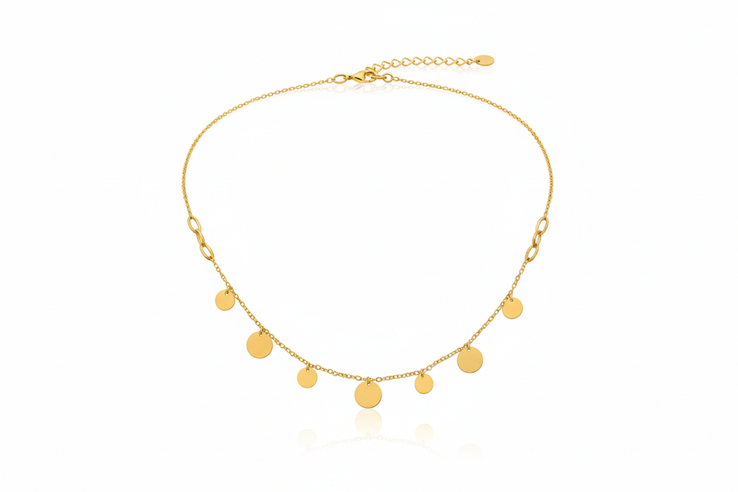 Gold necklace with round pendants on a white background