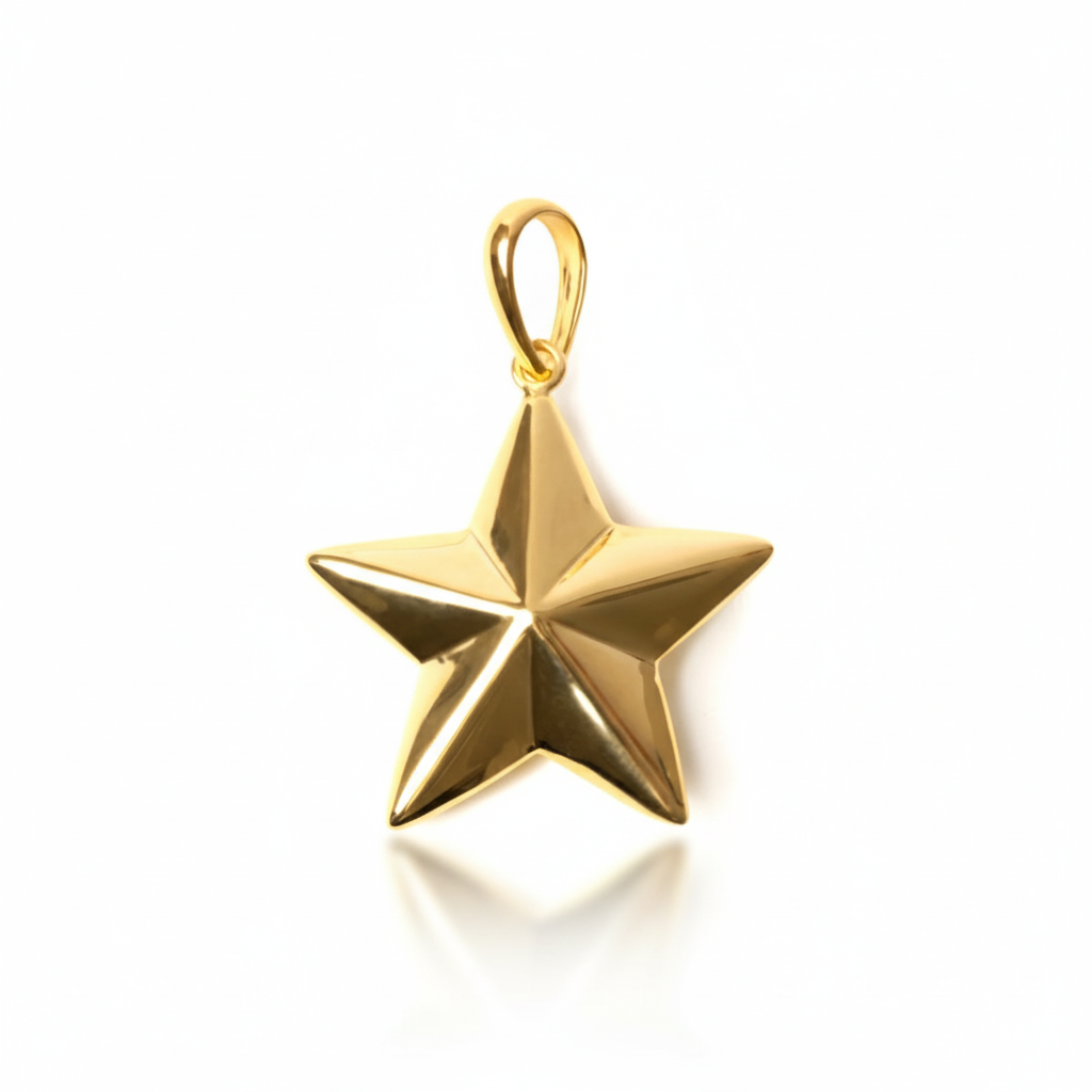 Gold star-shaped pendant on a white background