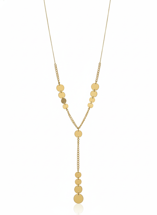 Gold necklace with round beads on a white background