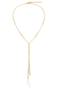 18K Yellow Gold Y-Necklace with Polished Discs and Chain Fringe