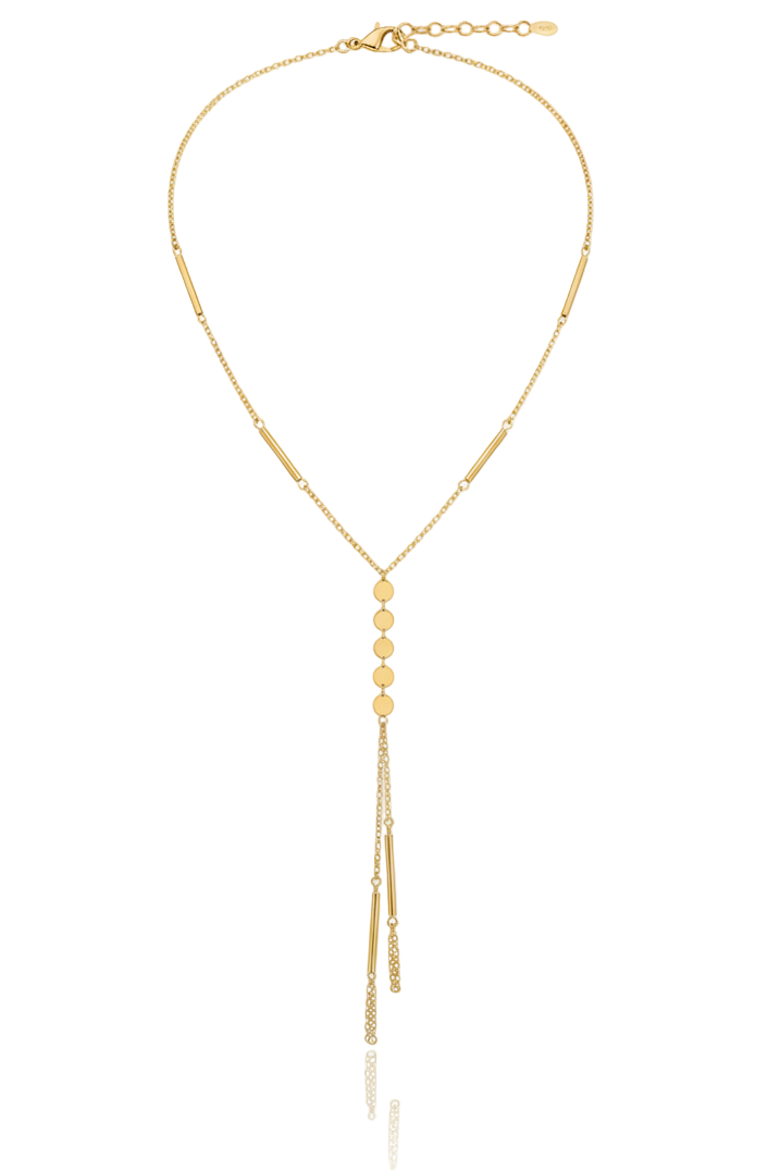 Gold necklace with a y-style design on a white background