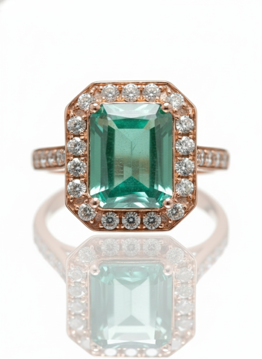 Ring with emerald green gemstone and rose gold setting on a white background