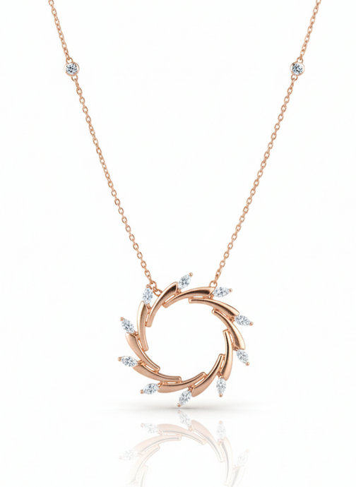 Rose gold necklace with circular pendant on a white background