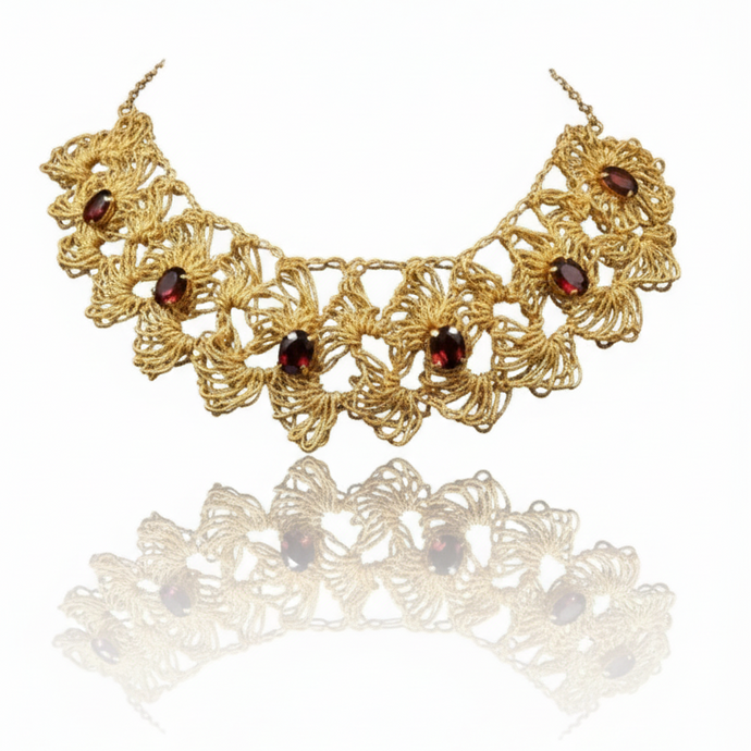 Gold necklace with red gemstones on a white background