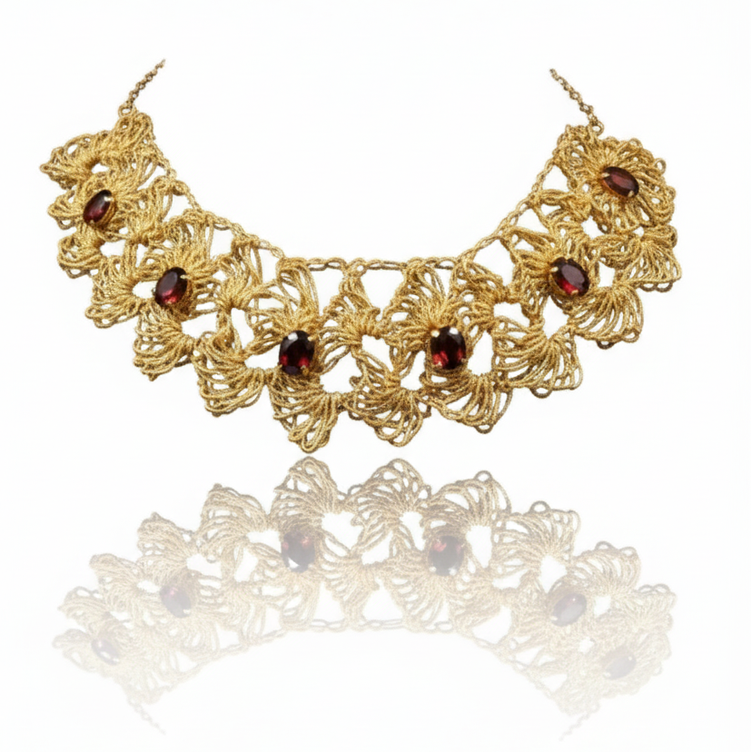 Gold necklace with red gemstones on a white background