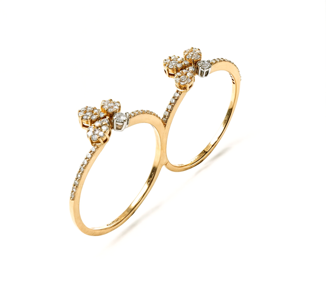 18K Rose Gold Two-Finger Ring with Diamond Blossom Details