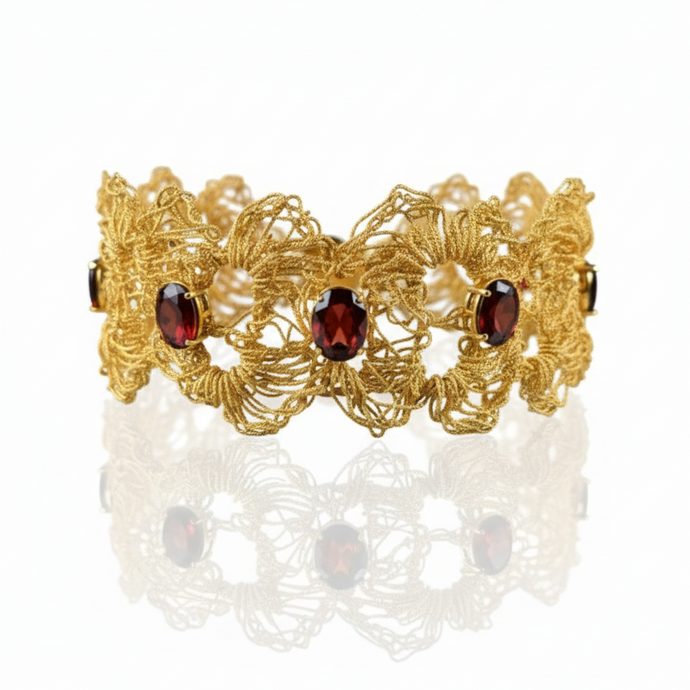 Gold bracelet with red gemstones on a white background