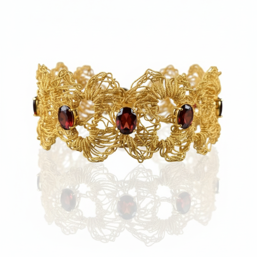 Gold bracelet with red gemstones on a white background