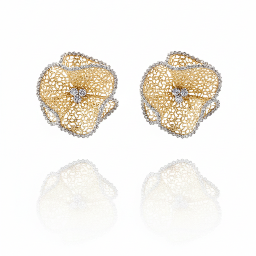 Gold floral earrings with diamond centers on a white background