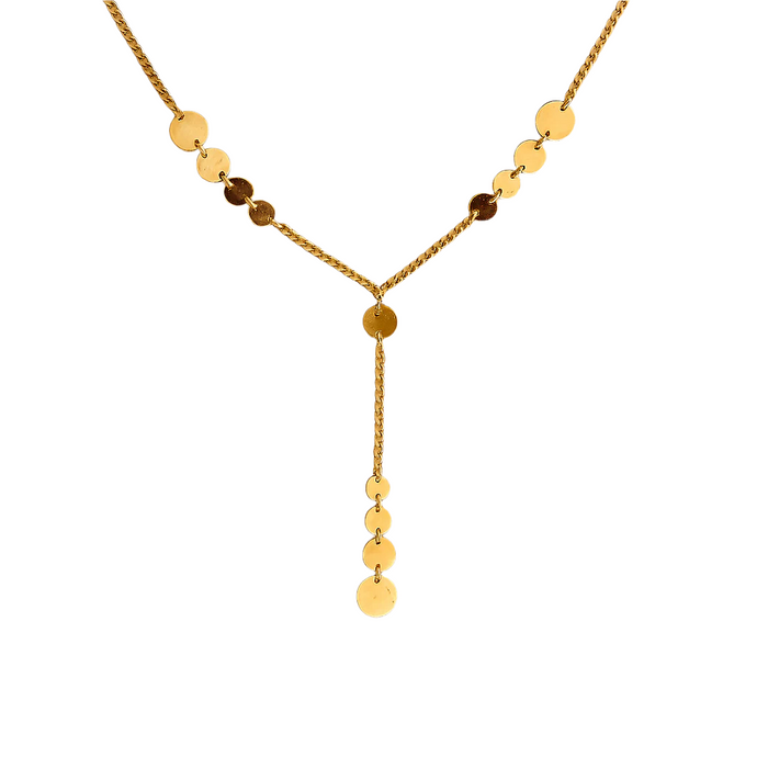 Gold necklace with circular pendants on a beige background