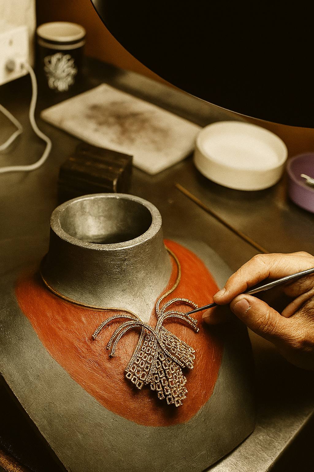 Person working on a piece of jewelry with a metal tool on a wooden surface.