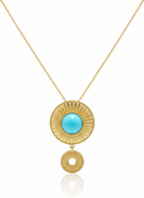Gold necklace with a turquoise pendant on a white background