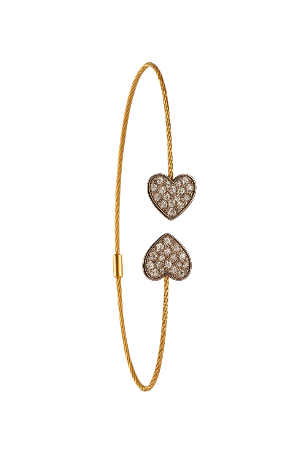 Gold bracelet with heart-shaped charms on a light gray background