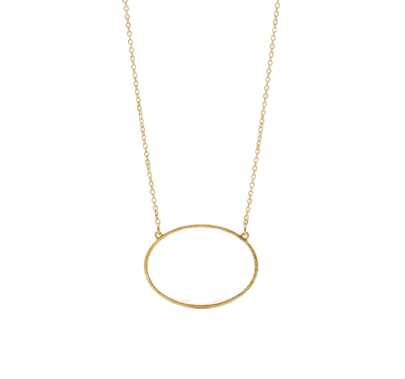 Gold necklace with a circular pendant on a white background