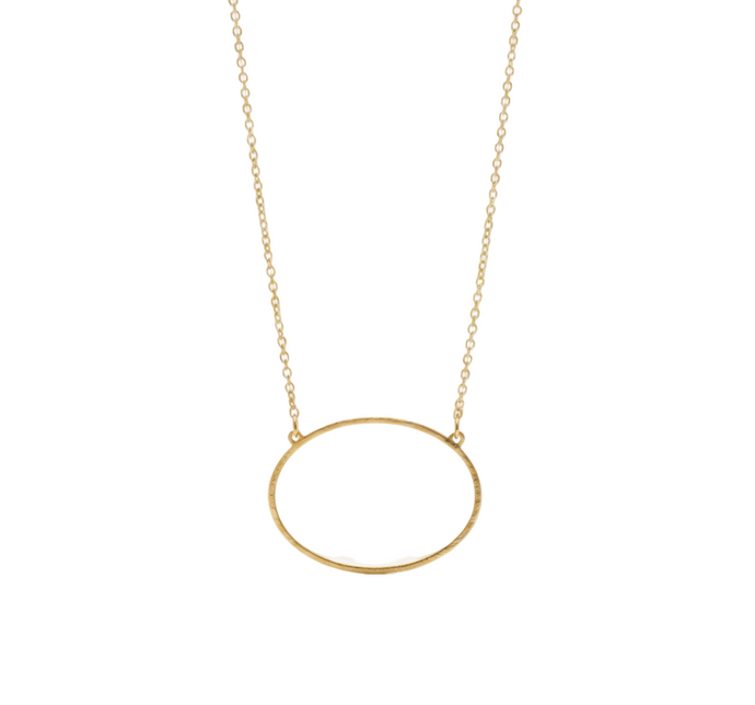 Gold necklace with a circular pendant on a white background