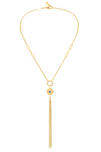 Load image into Gallery viewer, Gold necklace with a tassel on a white background
