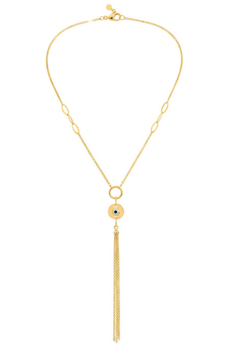 Gold necklace with a tassel on a white background