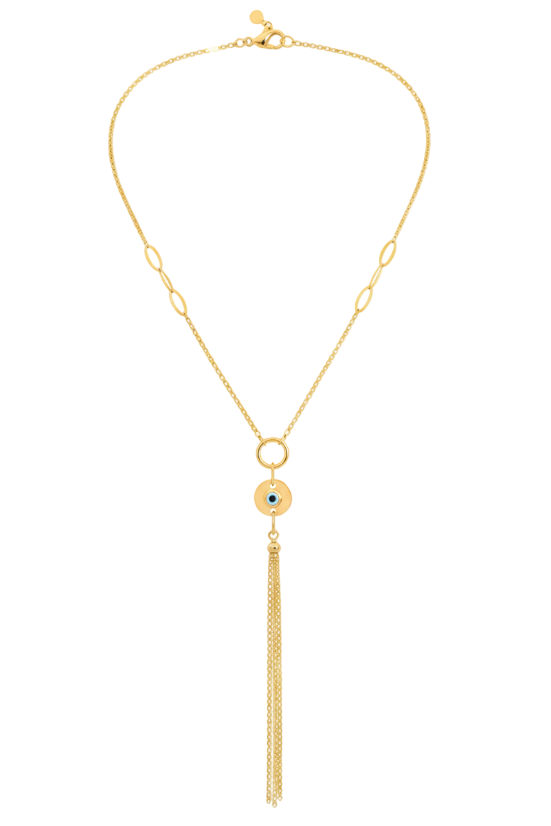 Gold necklace with a tassel on a white background