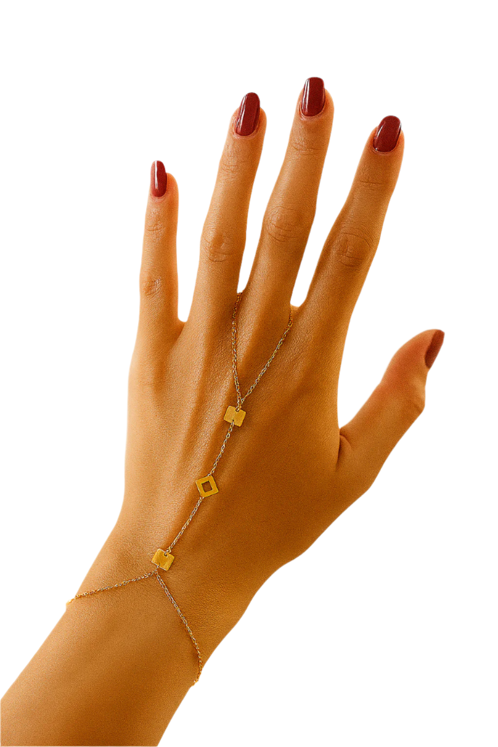 Hand wearing a gold bracelet with small square charms on a white background