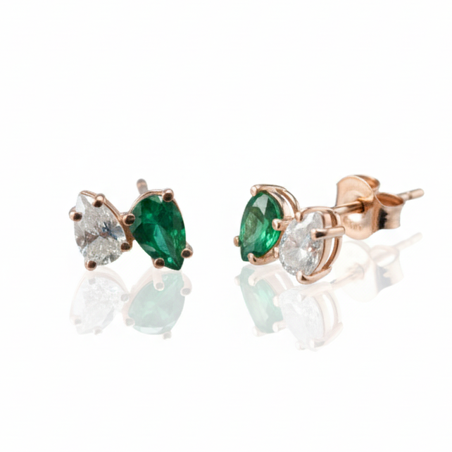 18K Rose Gold Two-Stone Emerald and Diamond Studs
