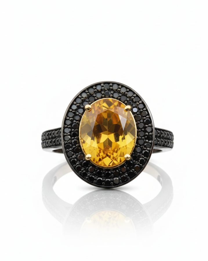 Ring with a yellow gemstone and black accents on a white background