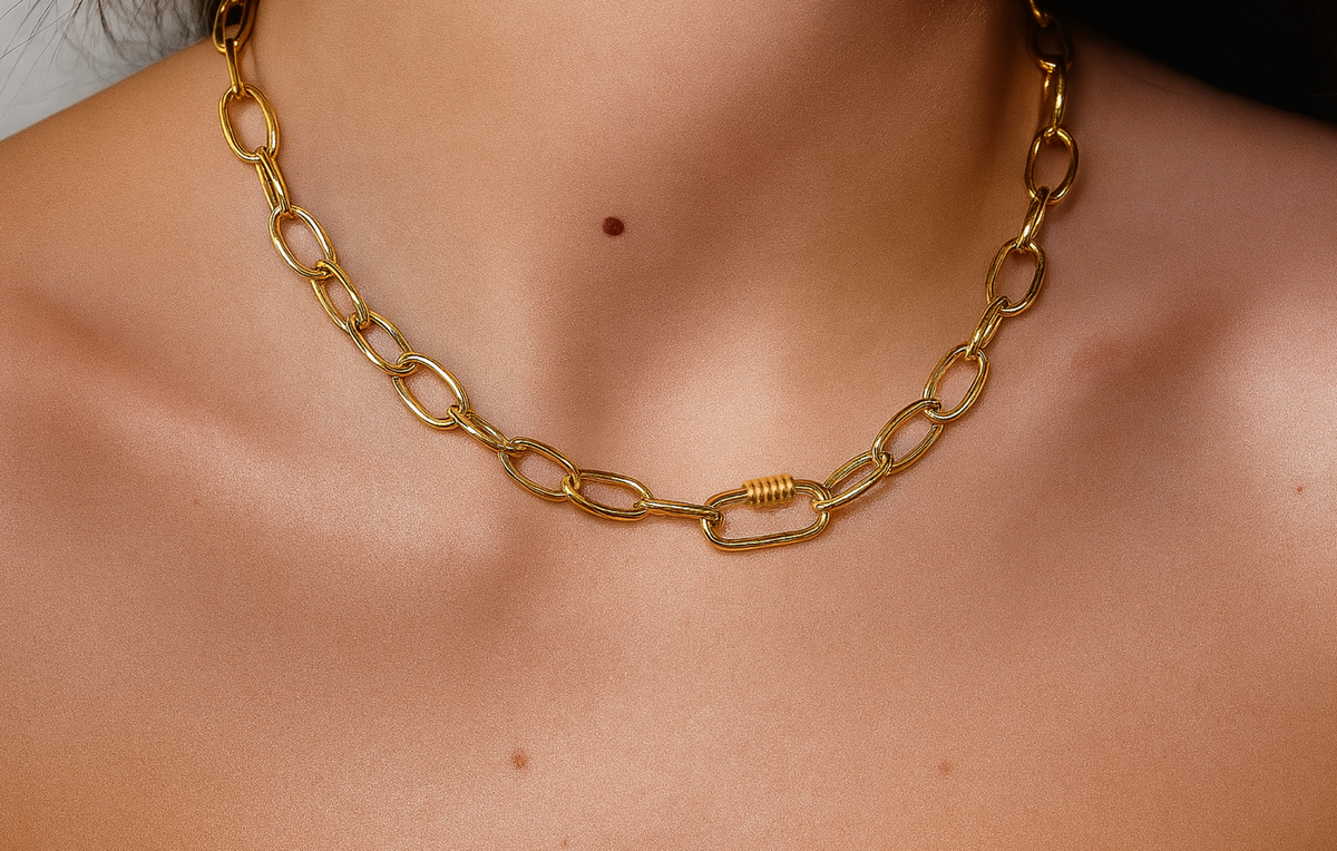 Gold chain necklace on a person's neck